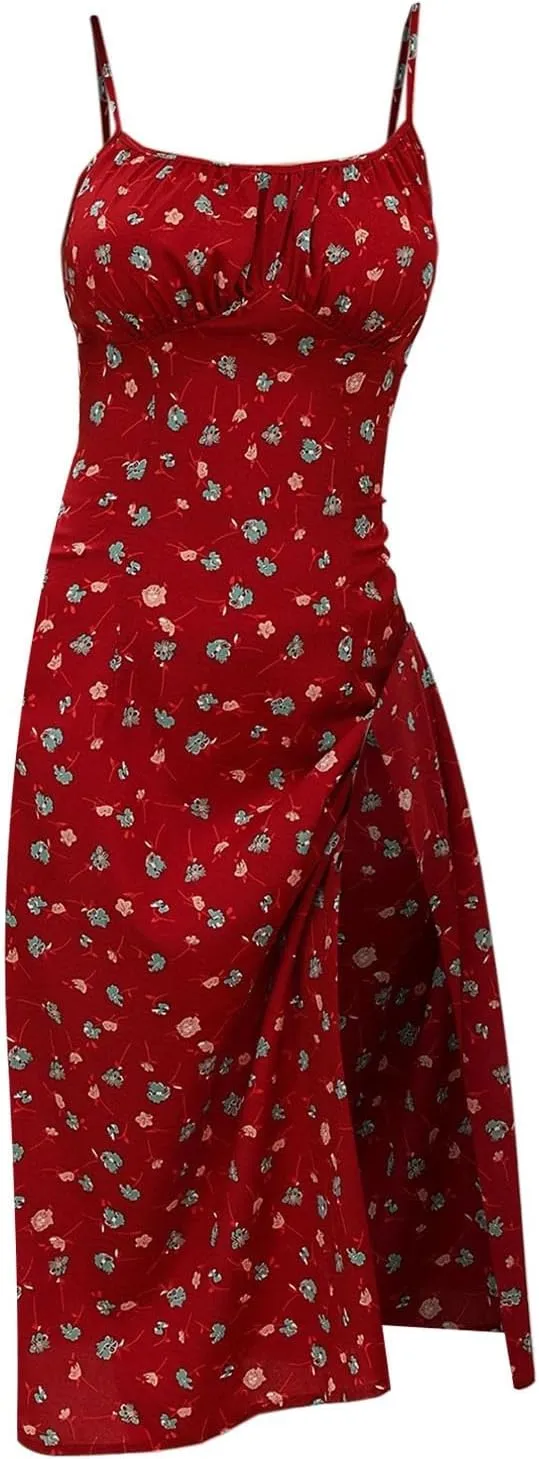 Women's Casual Spaghetti Strap Sleeveless Bodycon High Split Summer Polka Dot Flowy Maxi Sundress Beach Long Dresses
