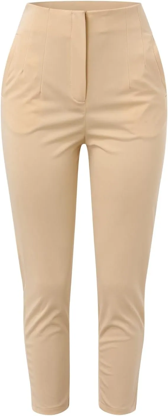 Womens Casual Stretchy High Waisted Dress Pants Solid Trendy Pleated Straight Leg Pull-On Business Work Trousers with Pockets