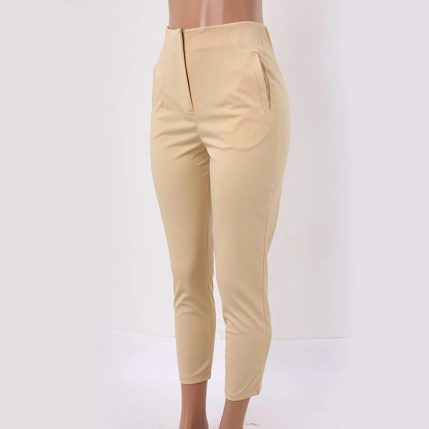 Womens Casual Stretchy High Waisted Dress Pants Solid Trendy Pleated Straight Leg Pull-On Business Work Trousers with Pockets