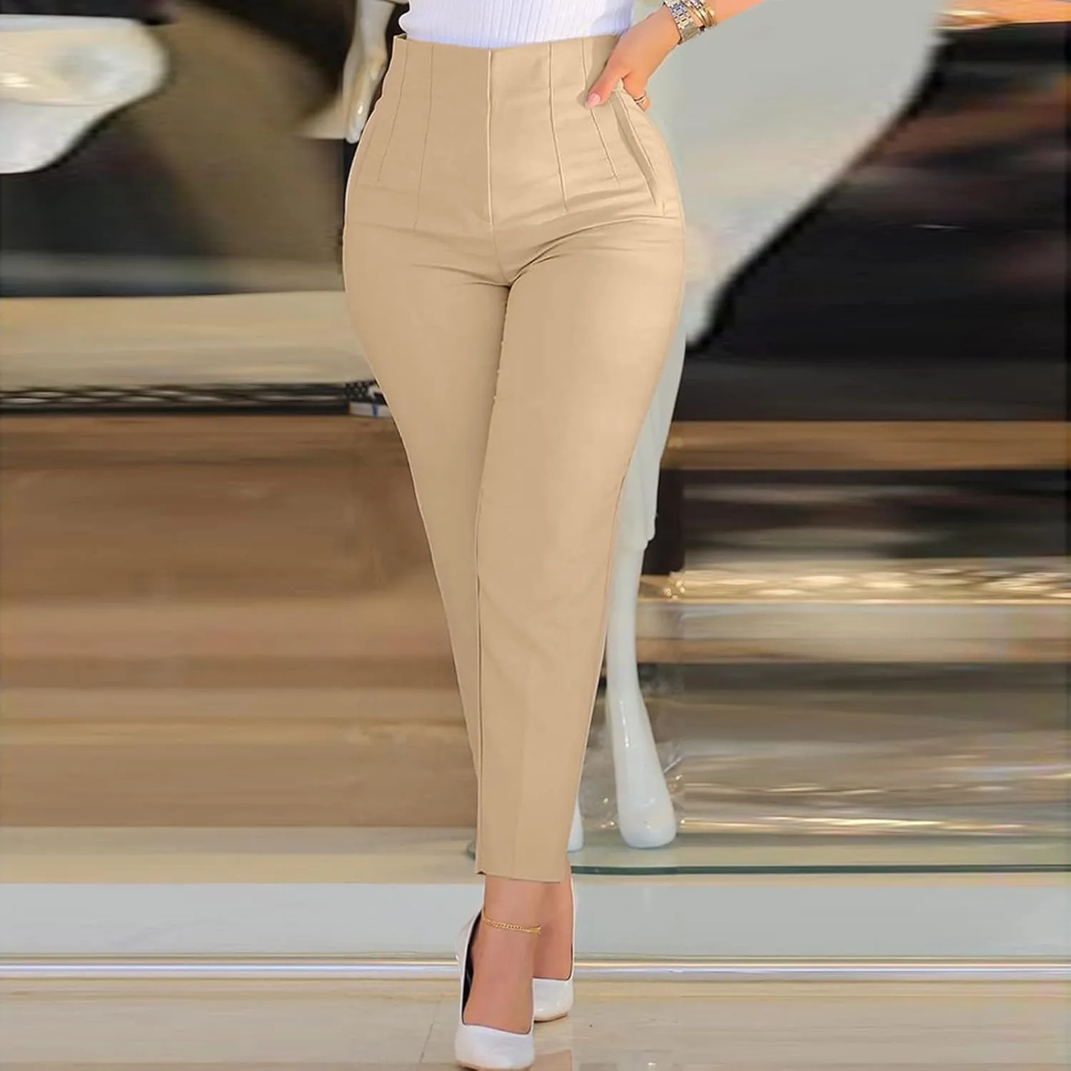 Womens Casual Stretchy High Waisted Dress Pants Solid Trendy Pleated Straight Leg Pull-On Business Work Trousers with Pockets