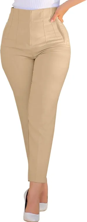 Womens Casual Stretchy High Waisted Dress Pants Solid Trendy Pleated Straight Leg Pull-On Business Work Trousers with Pockets