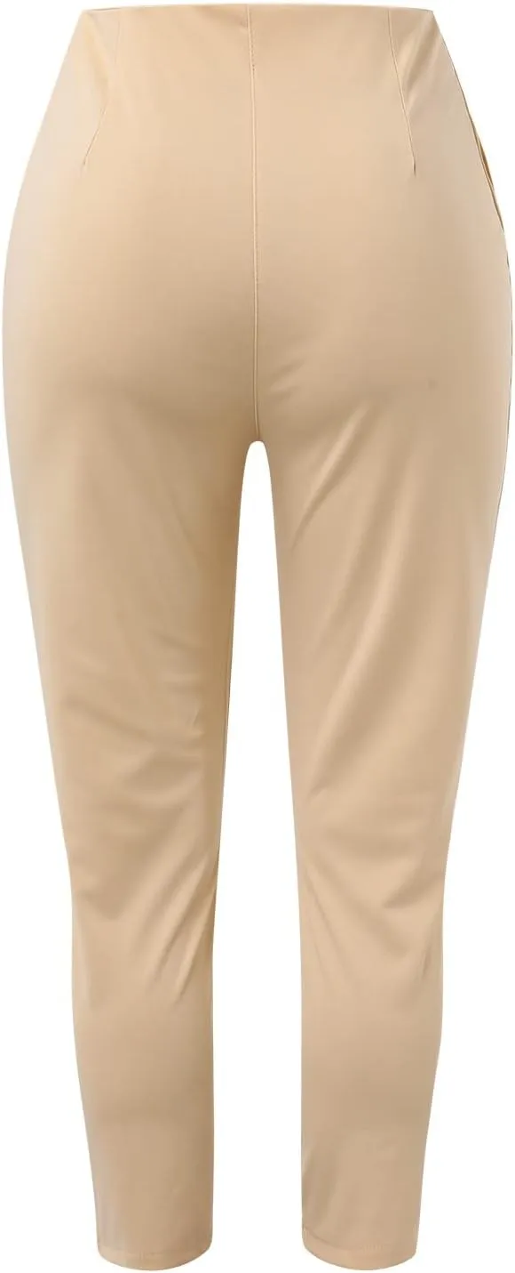 Womens Casual Stretchy High Waisted Dress Pants Solid Trendy Pleated Straight Leg Pull-On Business Work Trousers with Pockets