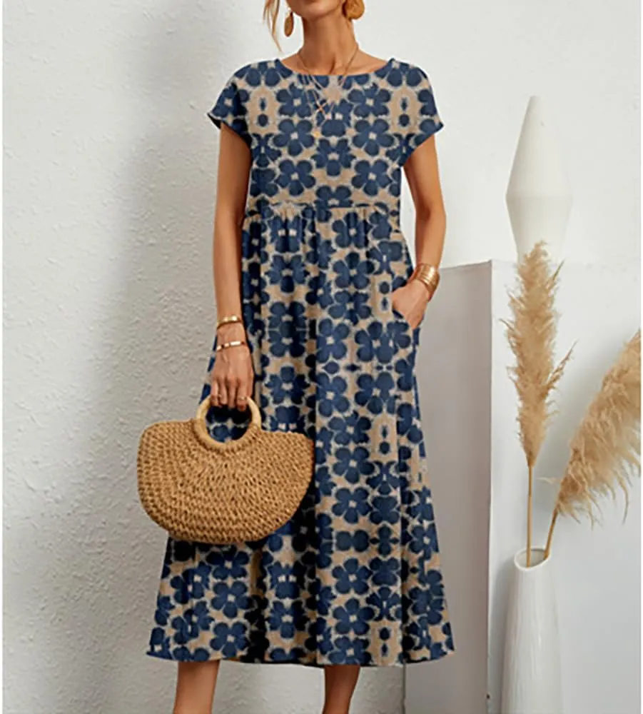 Womens Cotton Blend Summer Maxi Dresses Casual Midi Boho T Shirt Dress with Pockets