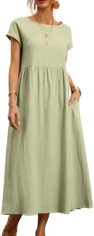 Womens Cotton Blend Summer Maxi Dresses Casual Midi Boho T Shirt Dress with Pockets