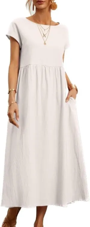 Womens Cotton Blend Summer Maxi Dresses Casual Midi Boho T Shirt Dress with Pockets