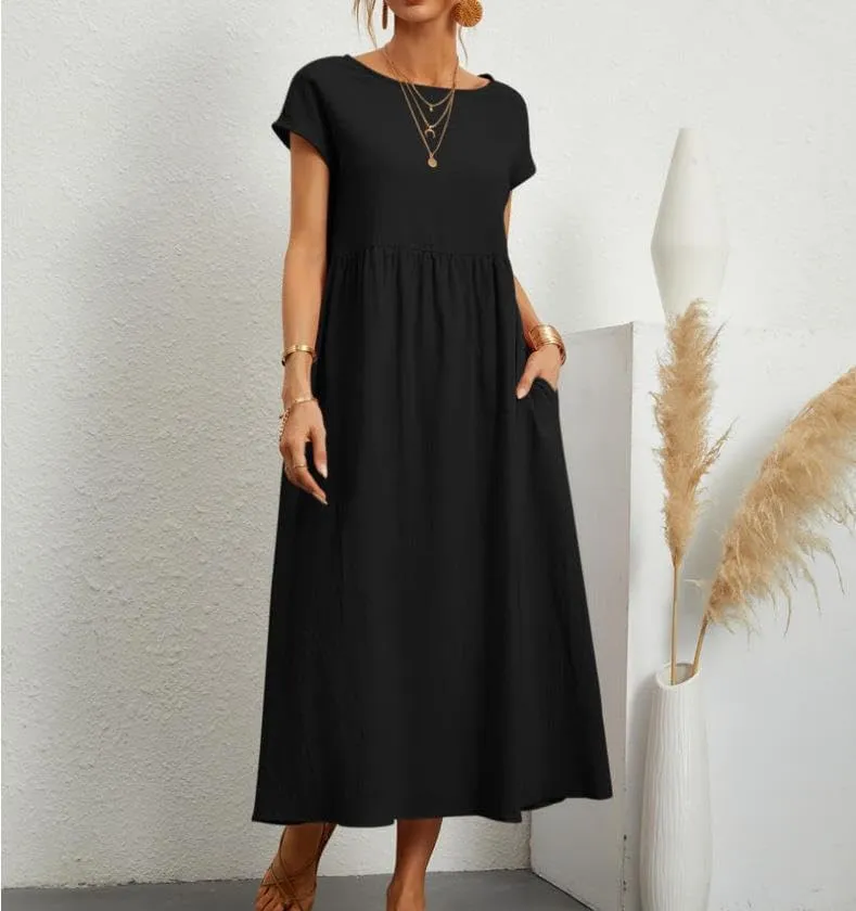Womens Cotton Blend Summer Maxi Dresses Casual Midi Boho T Shirt Dress with Pockets