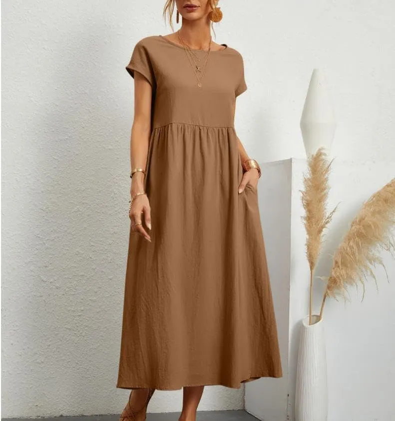 Womens Cotton Blend Summer Maxi Dresses Casual Midi Boho T Shirt Dress with Pockets