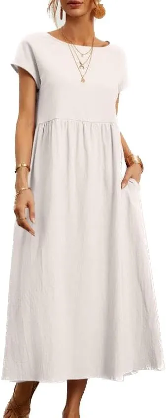 Womens Cotton Blend Summer Maxi Dresses Casual Midi Boho T Shirt Dress with Pockets