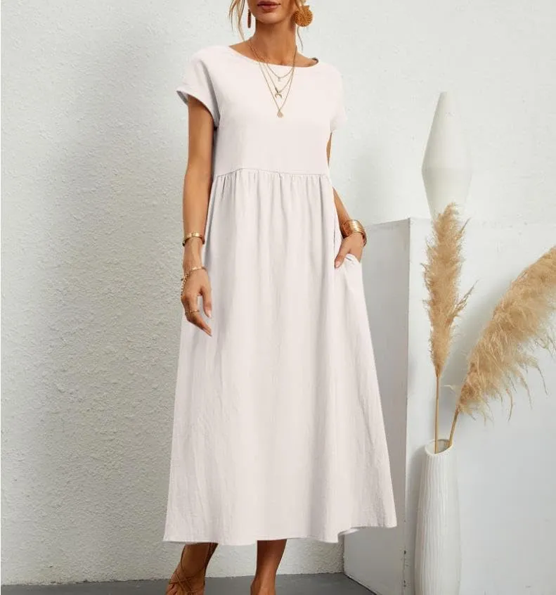 Womens Cotton Blend Summer Maxi Dresses Casual Midi Boho T Shirt Dress with Pockets