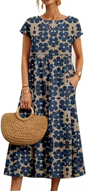 Womens Cotton Blend Summer Maxi Dresses Casual Midi Boho T Shirt Dress with Pockets