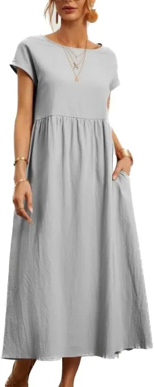 Womens Cotton Blend Summer Maxi Dresses Casual Midi Boho T Shirt Dress with Pockets