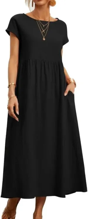Womens Cotton Blend Summer Maxi Dresses Casual Midi Boho T Shirt Dress with Pockets