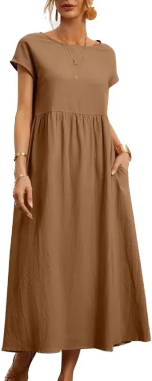 Womens Cotton Blend Summer Maxi Dresses Casual Midi Boho T Shirt Dress with Pockets