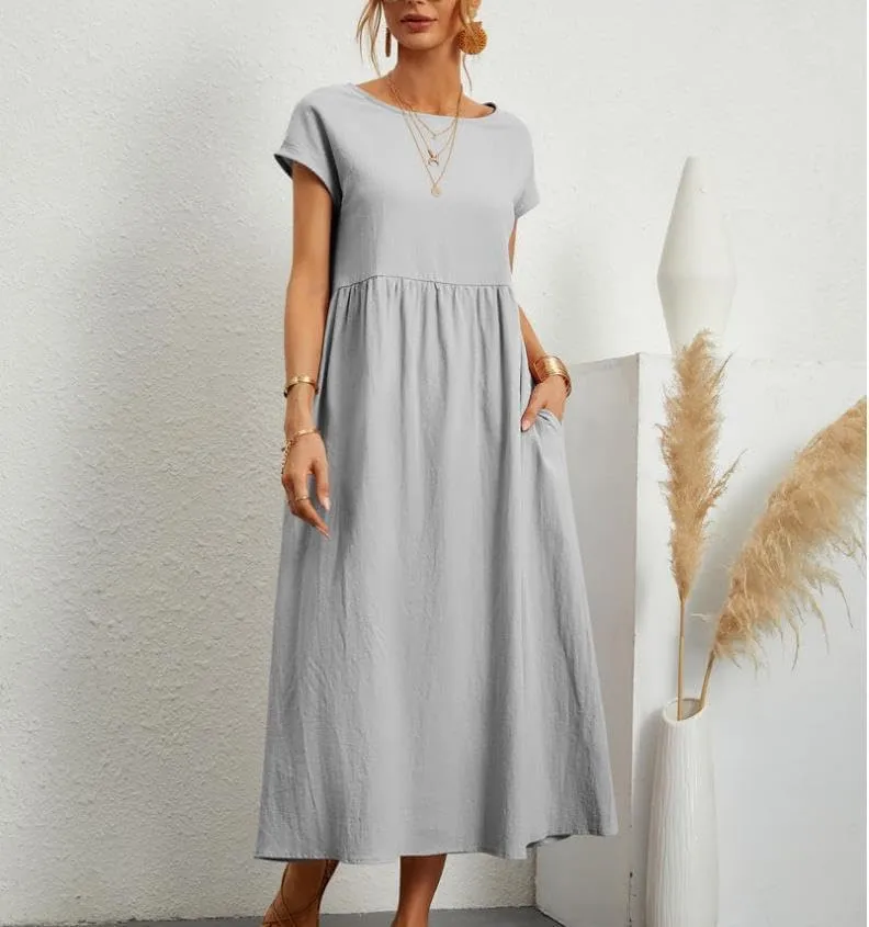 Womens Cotton Blend Summer Maxi Dresses Casual Midi Boho T Shirt Dress with Pockets