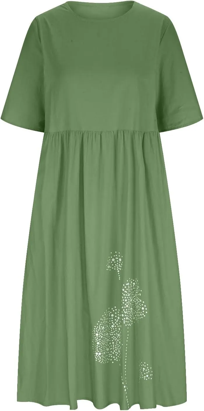 Women's Cotton Linen Midi Dress Summer Short Sleeve Dresses Elegant Casual A-Line Solid Tshirt Sundress with Pockets