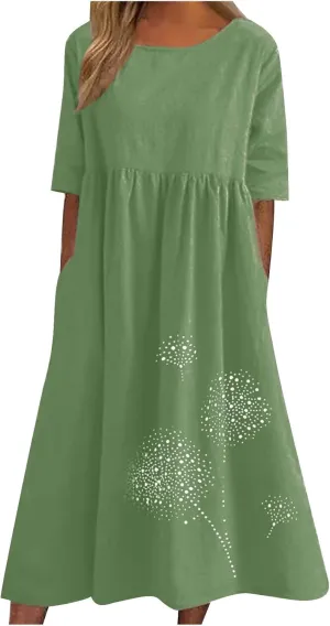 Women's Cotton Linen Midi Dress Summer Short Sleeve Dresses Elegant Casual A-Line Solid Tshirt Sundress with Pockets