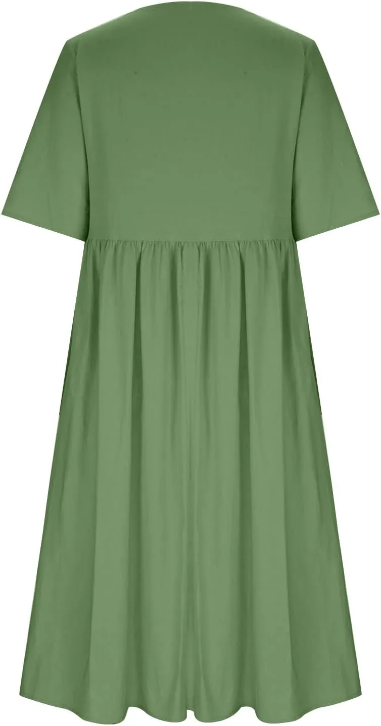 Women's Cotton Linen Midi Dress Summer Short Sleeve Dresses Elegant Casual A-Line Solid Tshirt Sundress with Pockets