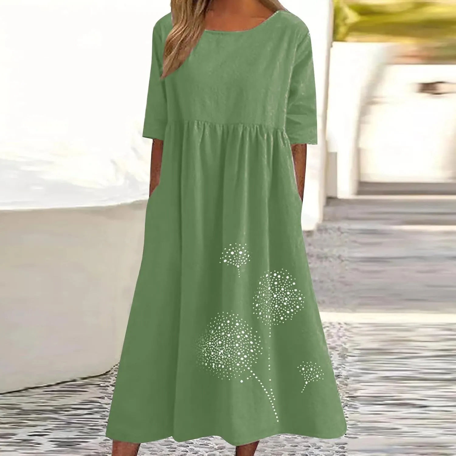 Women's Cotton Linen Midi Dress Summer Short Sleeve Dresses Elegant Casual A-Line Solid Tshirt Sundress with Pockets