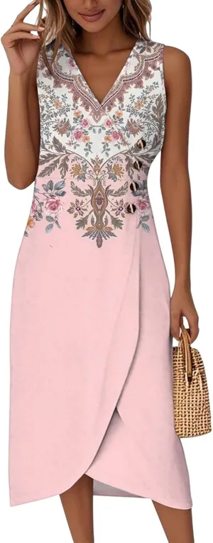 Womens Dresses Summer Wrap Midi Dresses for Women Puff Sleeve Summer Dresses Casual Loose Floor Length