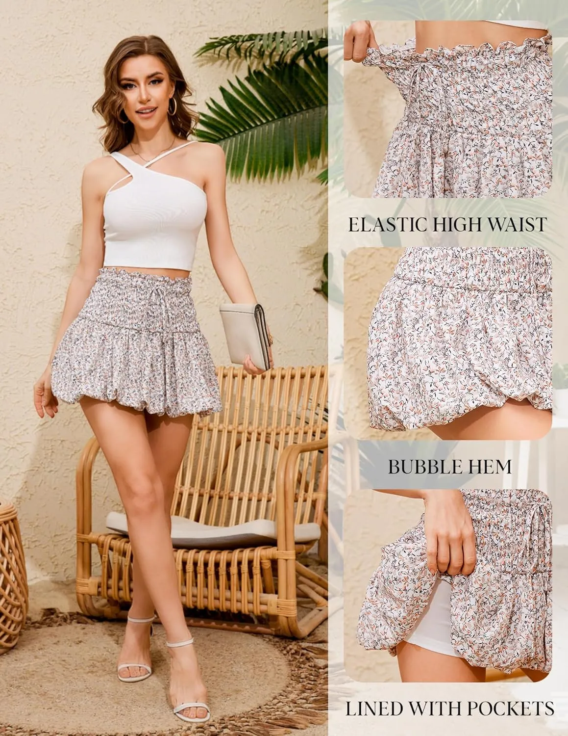 Women's Floral Short Skirt Bubble Mini Skirts Summer Casual Beach Skirt