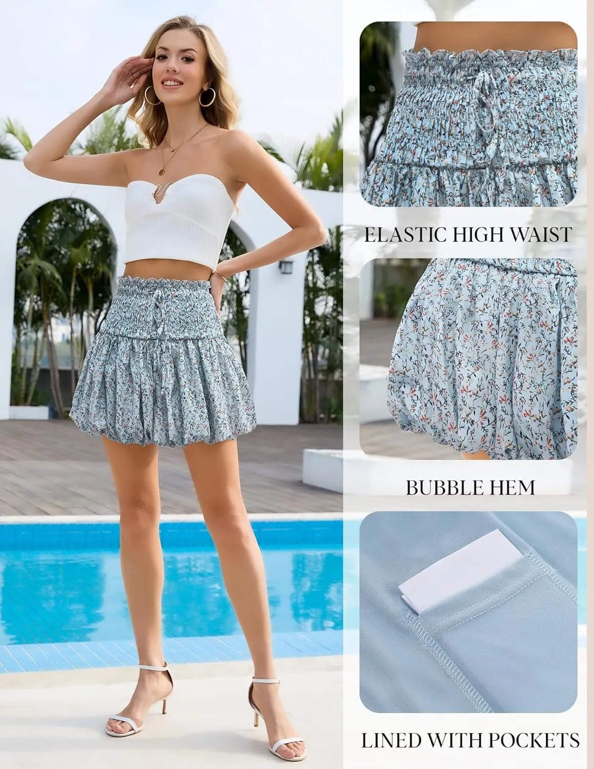 Women's Floral Short Skirt Bubble Mini Skirts Summer Casual Beach Skirt