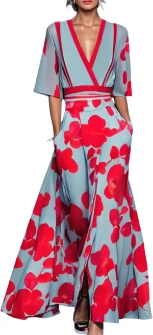 Women's Groovy Super Stretchy Maxi Party Dress Summer Beach Wrap Short Sleeve V-Neck Floral Print Dresses with Pockets