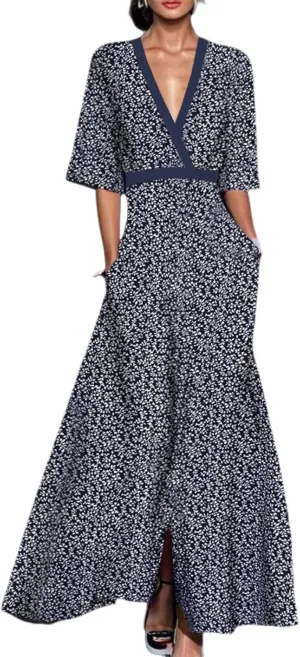 Women's Groovy Super Stretchy Maxi Party Dress Summer Beach Wrap Short Sleeve V-Neck Floral Print Dresses with Pockets