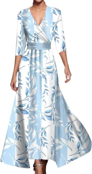 Women's Groovy Super Stretchy Maxi Party Dress Summer Beach Wrap Short Sleeve V-Neck Floral Print Dresses with Pockets
