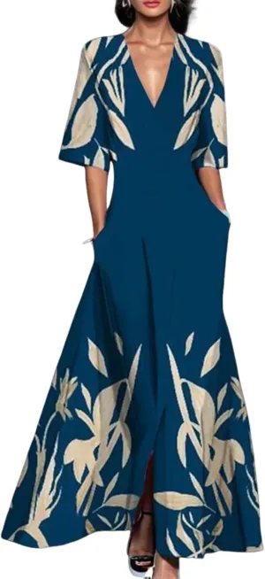 Women's Groovy Super Stretchy Maxi Party Dress Summer Beach Wrap Short Sleeve V-Neck Floral Print Dresses with Pockets