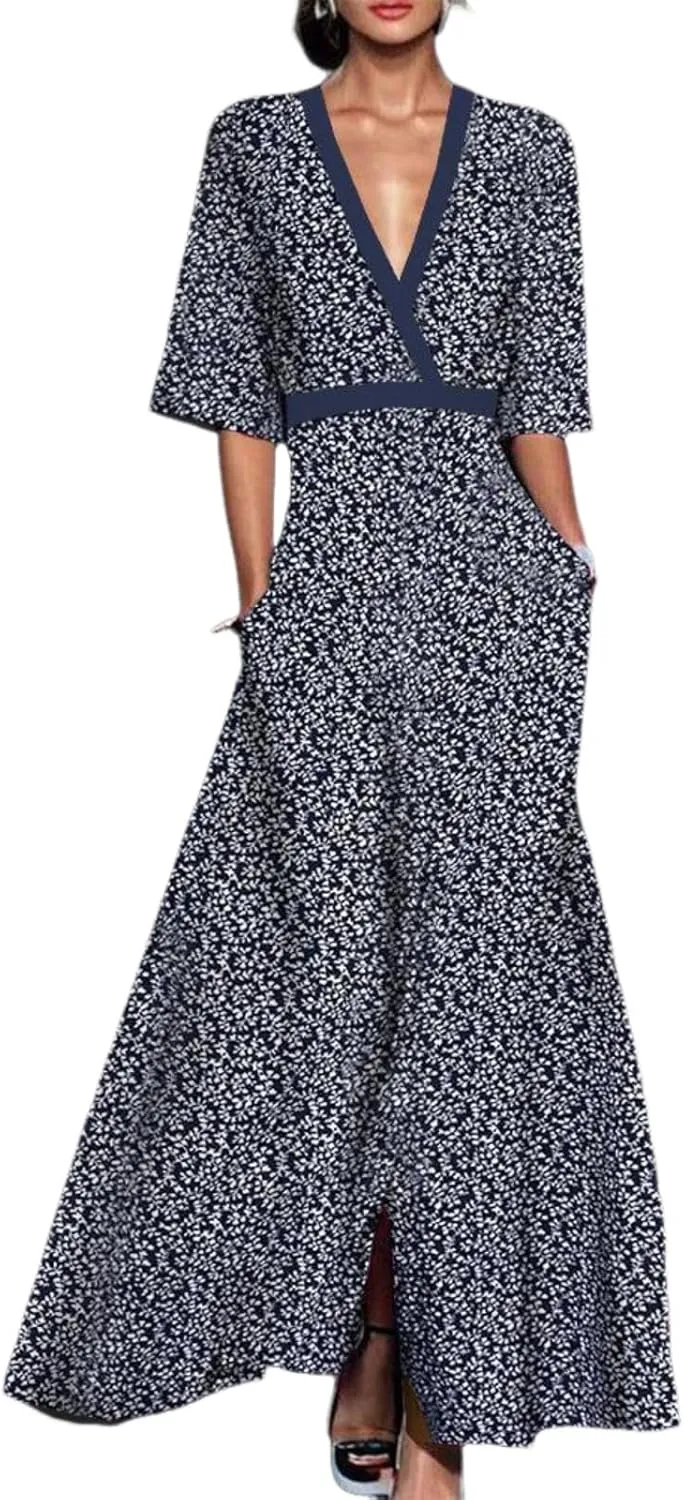 Women's Groovy Super Stretchy Maxi Party Dress Summer Beach Wrap Short Sleeve V-Neck Floral Print Dresses with Pockets