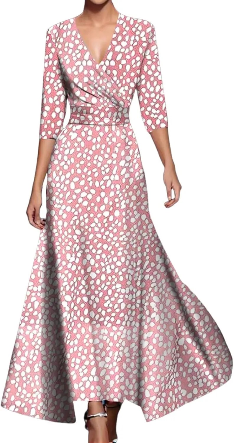Women's Groovy Super Stretchy Maxi Party Dress Summer Beach Wrap Short Sleeve V-Neck Floral Print Dresses with Pockets