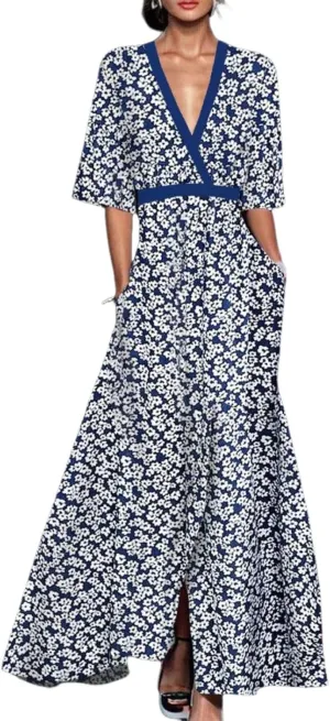 Women's Groovy Super Stretchy Maxi Party Dress Summer Beach Wrap Short Sleeve V-Neck Floral Print Dresses with Pockets
