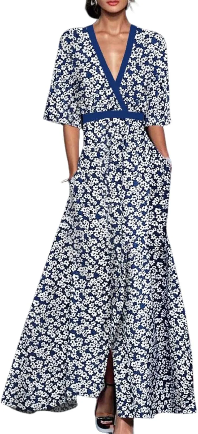 Women's Groovy Super Stretchy Maxi Party Dress Summer Beach Wrap Short Sleeve V-Neck Floral Print Dresses with Pockets