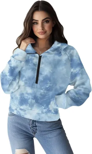 Women's Half Zip Hoodie Causal Raglan Sleeve Pullover Hooded Sweatshirt Cozy Soft Athletic Hoodie