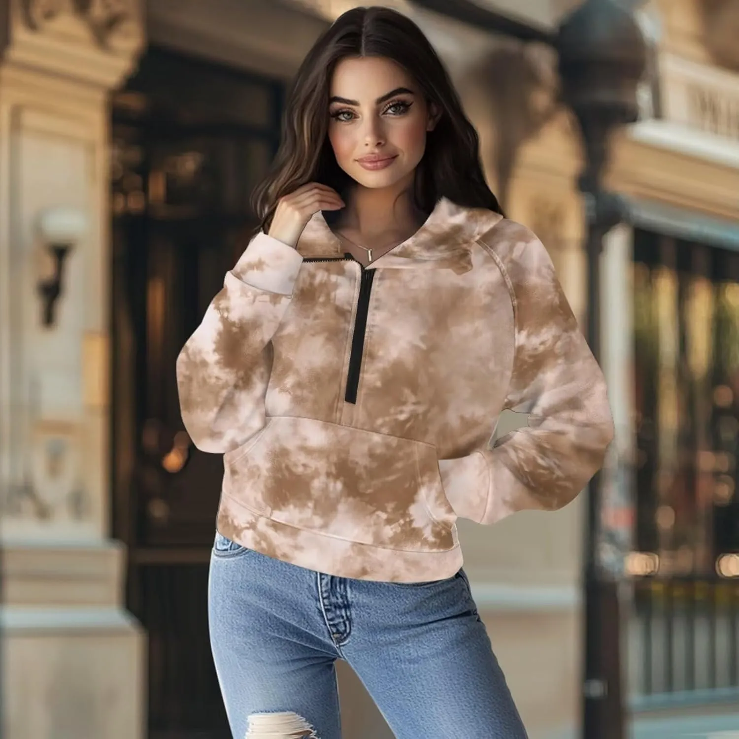 Women's Half Zip Hoodie Causal Raglan Sleeve Pullover Hooded Sweatshirt Cozy Soft Athletic Hoodie