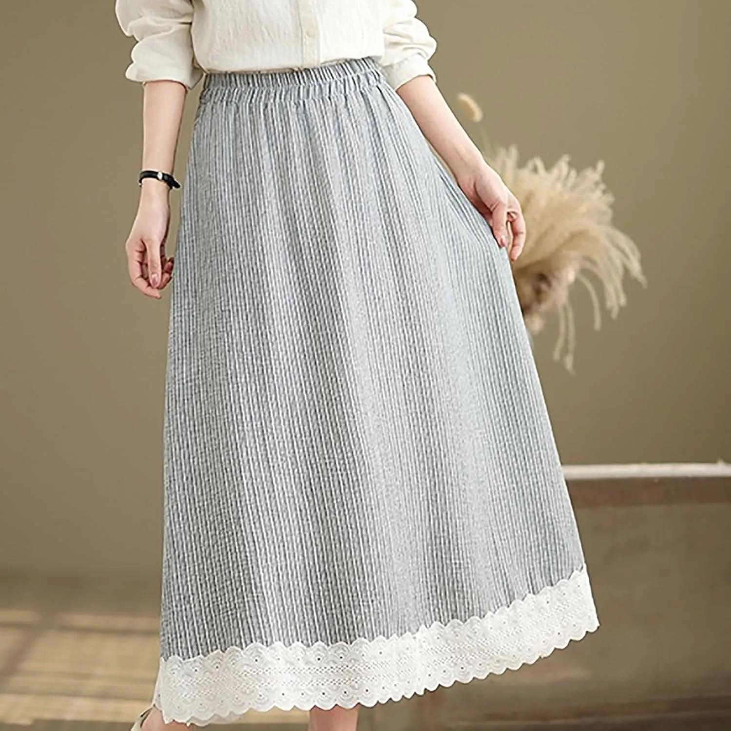 Women's High Waist Long Skirt Summer A-Line Boho Maxi Skirts Casual Tiered Skirts Trendy Lace Trim Ruffle Skirt