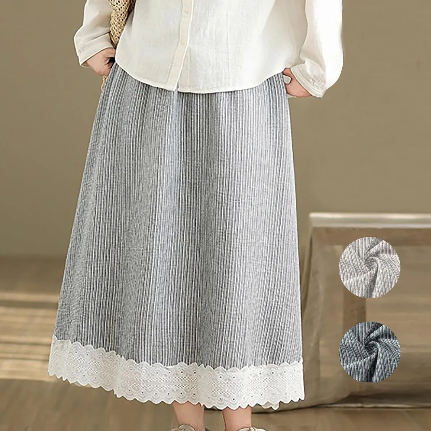 Women's High Waist Long Skirt Summer A-Line Boho Maxi Skirts Casual Tiered Skirts Trendy Lace Trim Ruffle Skirt