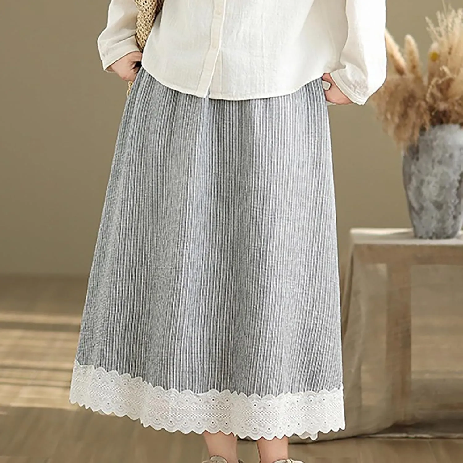 Women's High Waist Long Skirt Summer A-Line Boho Maxi Skirts Casual Tiered Skirts Trendy Lace Trim Ruffle Skirt