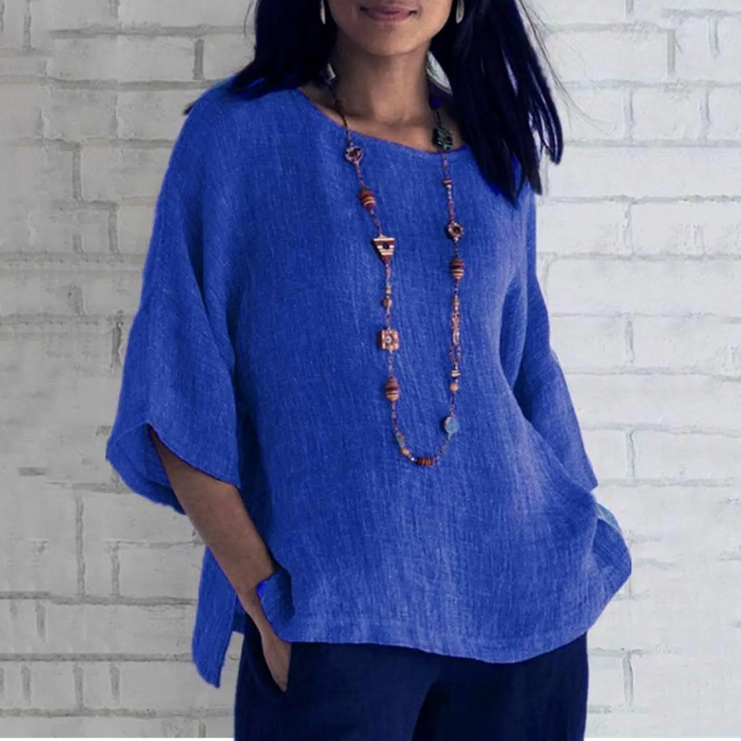Women's Linen Shirts Summer Linen Bohemian Long Sleeve Tunic Tops Casual Loose Fit Basic Crewneck Tshirts