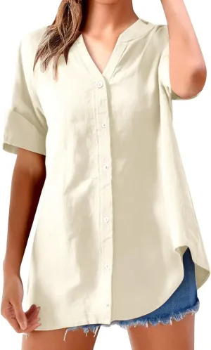 Women's Linen Shirts V Neck Button Up Blouse Lapel Collar Basic Tee Shirt Short Sleeve Loose Tunics Top