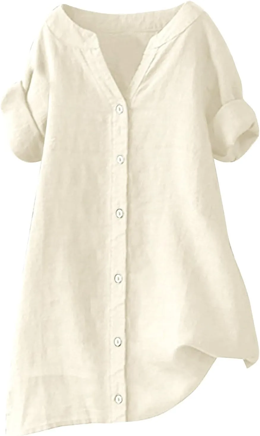 Women's Linen Shirts V Neck Button Up Blouse Lapel Collar Basic Tee Shirt Short Sleeve Loose Tunics Top
