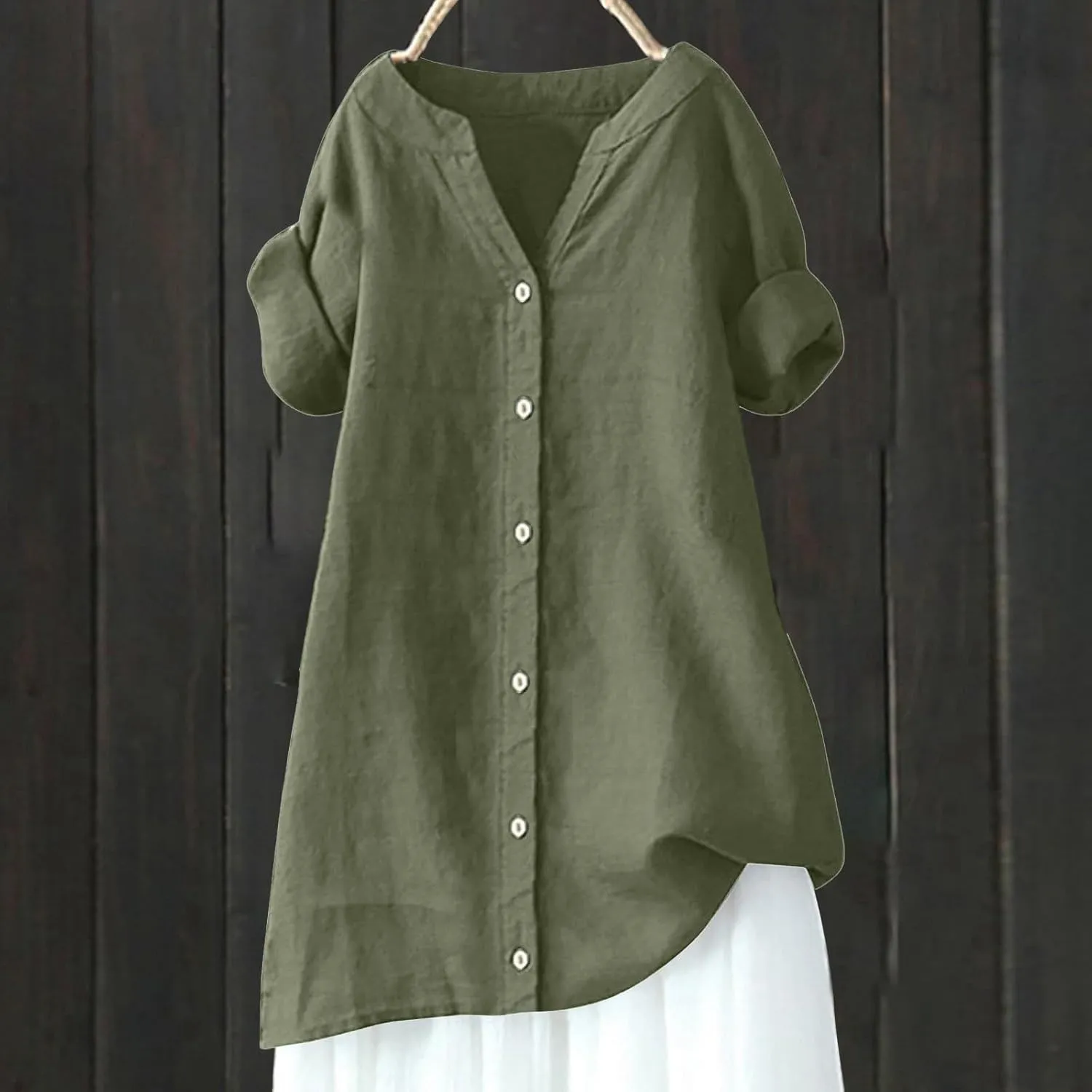 Women's Linen Shirts V Neck Button Up Blouse Lapel Collar Basic Tee Shirt Short Sleeve Loose Tunics Top