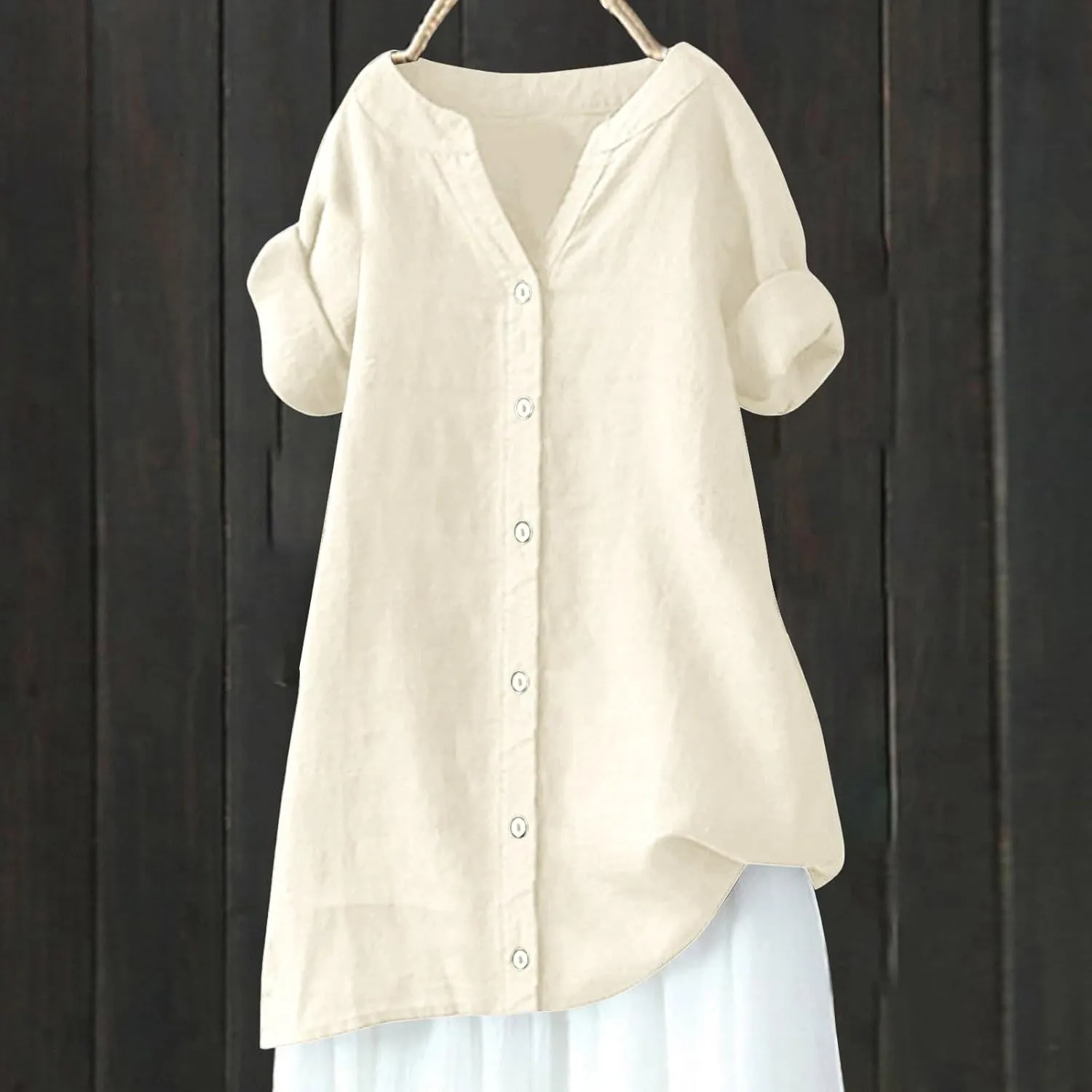 Women's Linen Shirts V Neck Button Up Blouse Lapel Collar Basic Tee Shirt Short Sleeve Loose Tunics Top