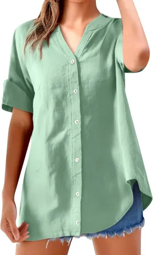 Women's Linen Shirts V Neck Button Up Blouse Lapel Collar Basic Tee Shirt Short Sleeve Loose Tunics Top
