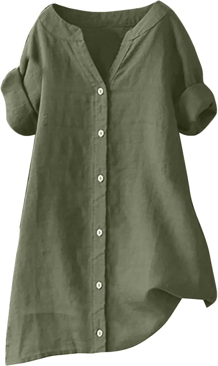 Women's Linen Shirts V Neck Button Up Blouse Lapel Collar Basic Tee Shirt Short Sleeve Loose Tunics Top