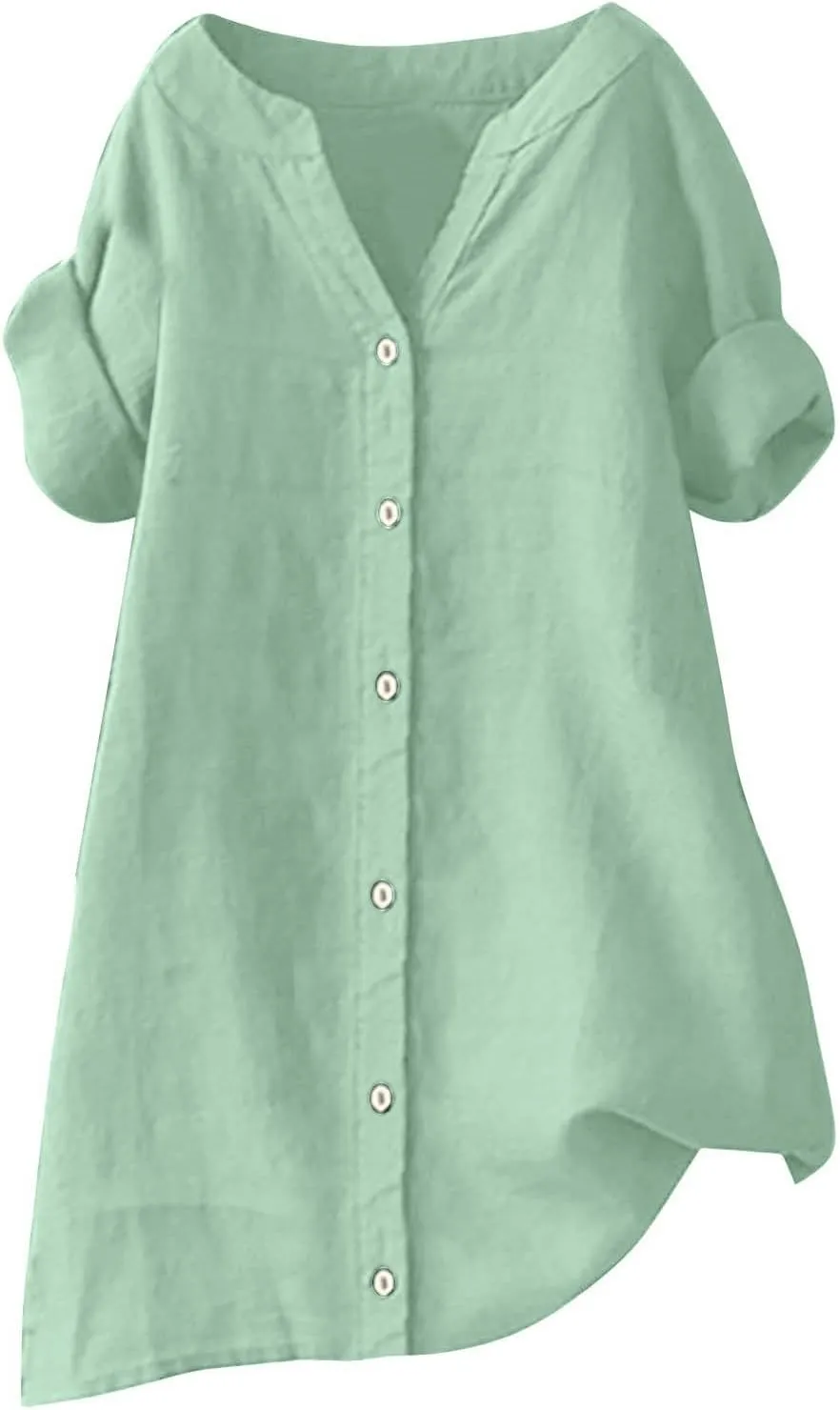 Women's Linen Shirts V Neck Button Up Blouse Lapel Collar Basic Tee Shirt Short Sleeve Loose Tunics Top