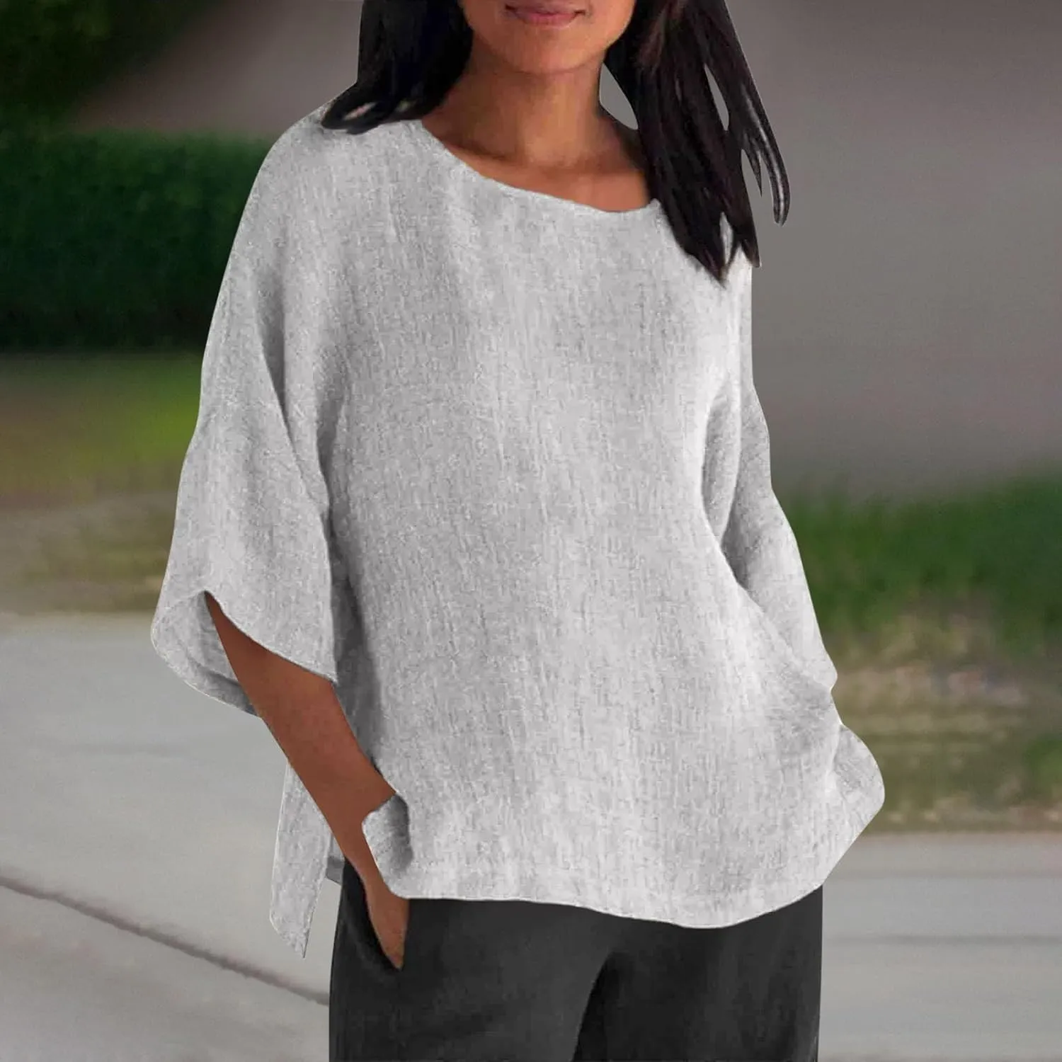 Women's Linen Shirts V Neck Button Up Blouse Lapel Collar Basic Tee Shirt Short Sleeve Loose Tunics Top