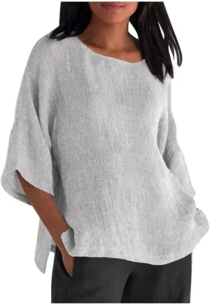 Women's Linen Shirts V Neck Button Up Blouse Lapel Collar Basic Tee Shirt Short Sleeve Loose Tunics Top