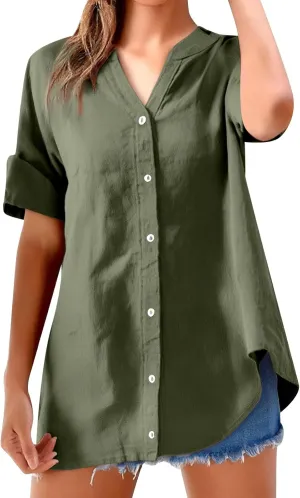 Women's Linen Shirts V Neck Button Up Blouse Lapel Collar Basic Tee Shirt Short Sleeve Loose Tunics Top