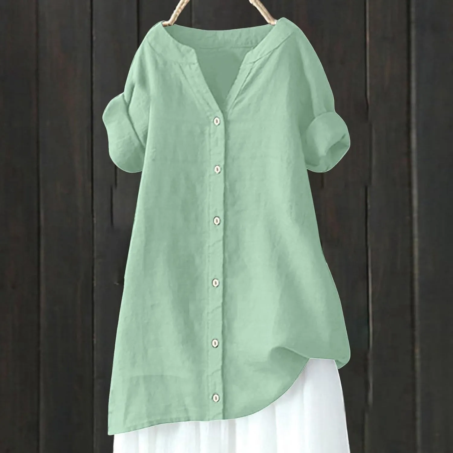 Women's Linen Shirts V Neck Button Up Blouse Lapel Collar Basic Tee Shirt Short Sleeve Loose Tunics Top